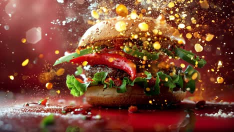 a burger with jalapenos and lettuce on it. the burger is on a red background