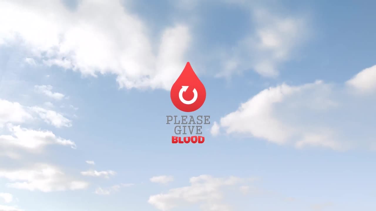 Animation of please give blood text and blood drop over clouds