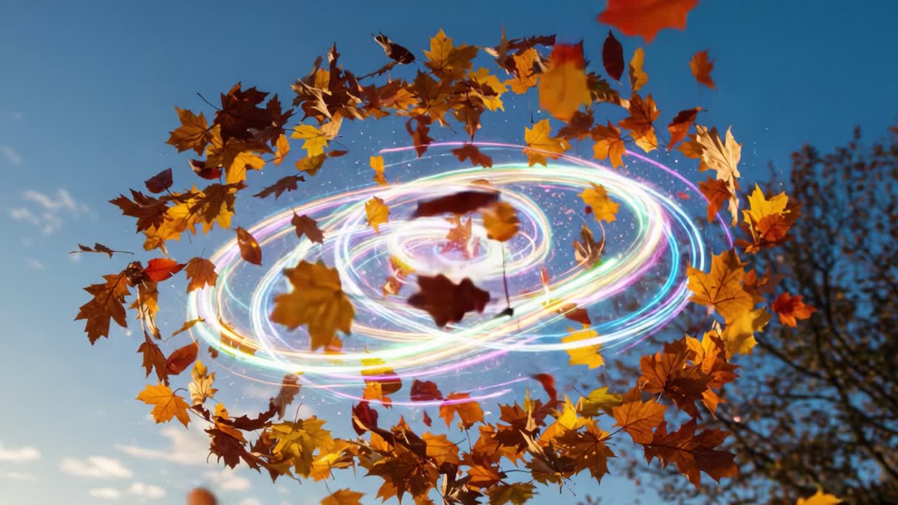 A mesmerizing display of swirling autumn leaves illuminates the sky in a vibrant whirl of color and magic, capturing the essence of fall's beauty in a captivating moment