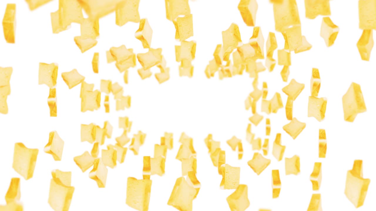 색 배경에 많은 평평한  조각을 날아. 식품, 음식 및 먹는 개념. 밀  조편의 3d 애니메이션 회전. 루프 애니메이션.