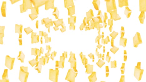 volando muchas rebanadas de pan en fondo blanco. alimentos, alimentos y concepto de comer. animación 3d de rebanada de pan de trigo girando. animación de bucle.