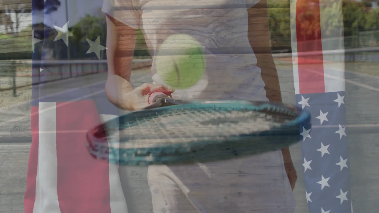 woman wearing white tennis dress swinging racket on court, with animated heart rate graph