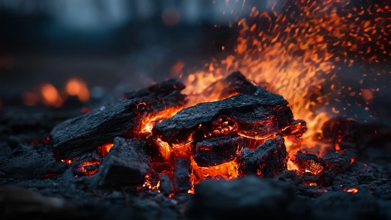 A Captivating Display of Glowing Ember and Sparkling Ashes from a Smoldering Fire Pit – A Stunning Visual of Nature's Elemental Power and Beauty