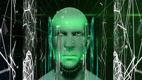 animación de la cabeza humana brillando con el procesamiento de datos de la interfaz digital