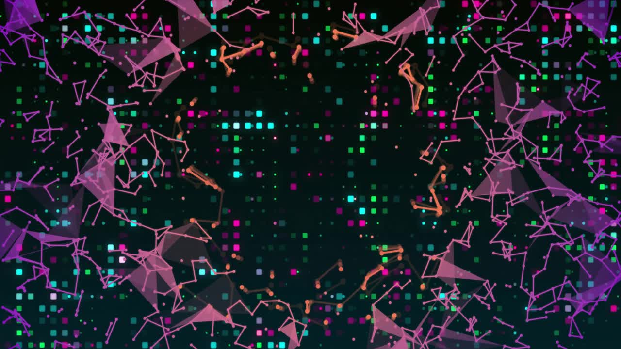 Pixel grid pulsing pink nodes emerging and linking into glowing ring showing digital connectivity