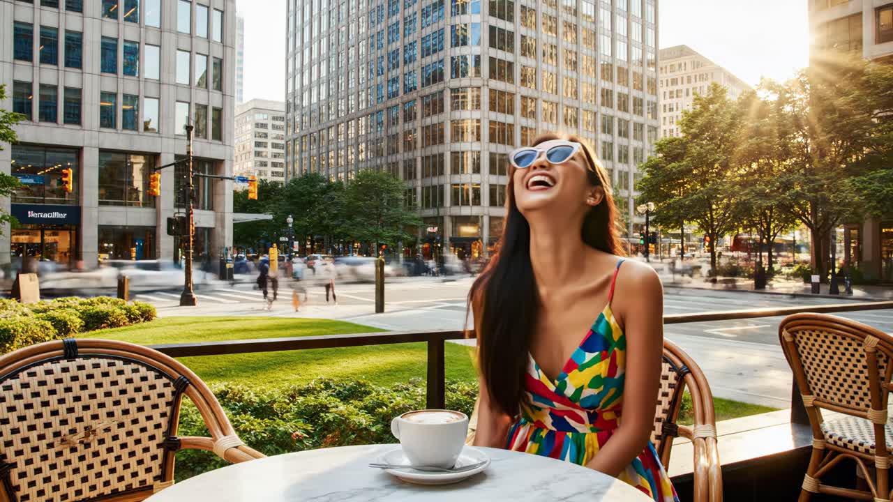 Woman enjoying coffee at an outdoor cafe in the city