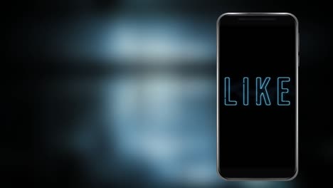 animation of word like flickering on screen of a smartphone on blue background