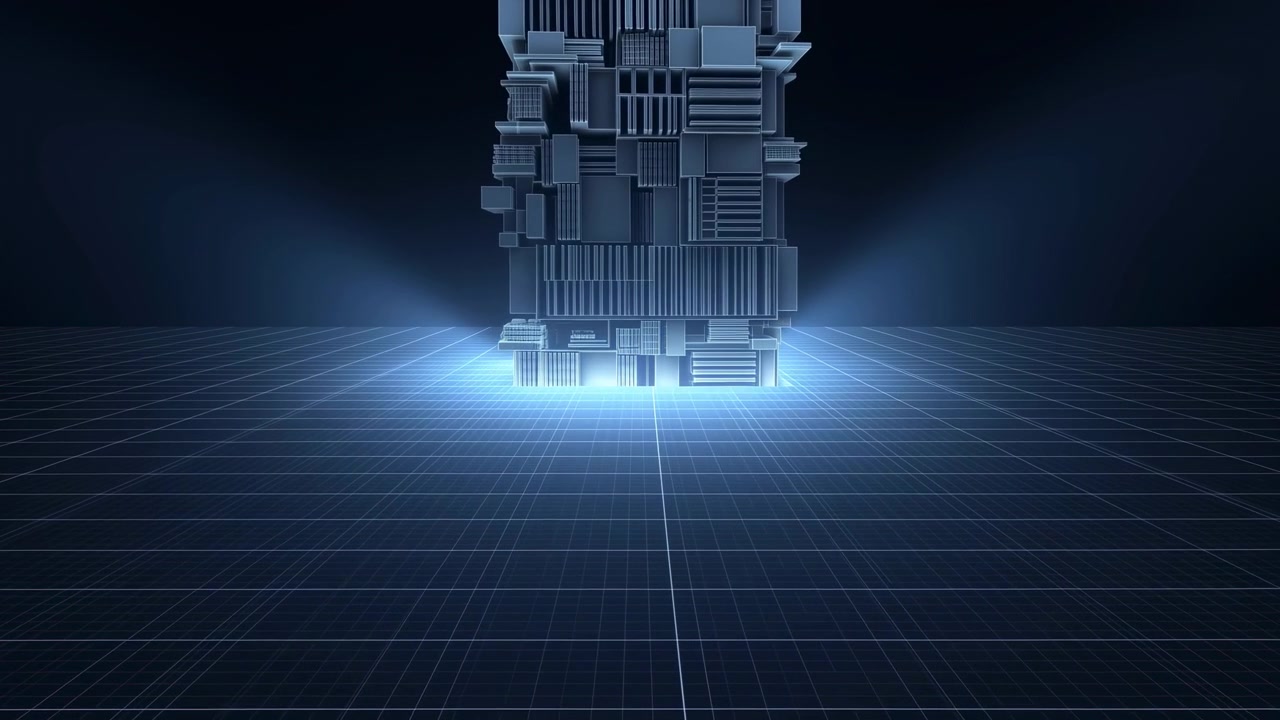 Centered block structure turns gradually above illuminated grid floor as cool blue light outlines layered metal panels, deep grooves, sharp edges, and symmetrical vertical form.