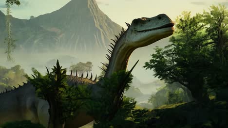 a dinosaur in a lush forest landscape