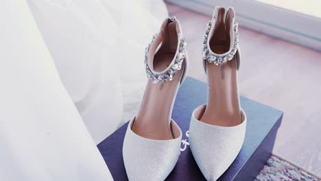 top view of a glamorous wedding bridal high heel shoes