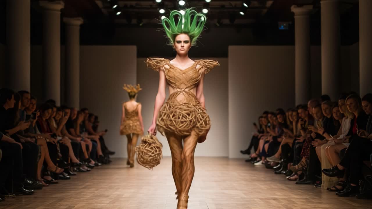 A Stunning Fashion Show Featuring Innovative Nature-Inspired Designs with Creative Elements Made from Natural Materials, Showcasing Exquisite Artistry and Performance