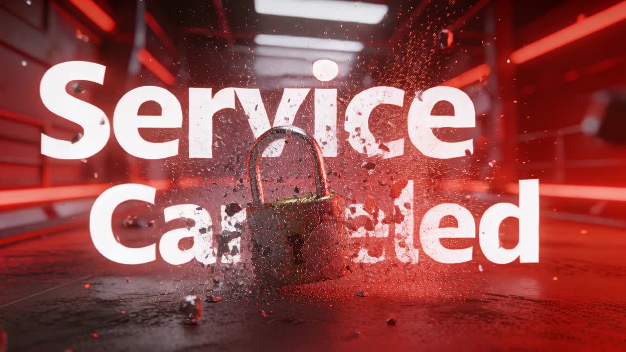 Rotierendes metallisches Vorhängeschloss schwillt an und explodiert dann in einem rot beleuchteten Korridor, enthüllt „Service Canceled“.
