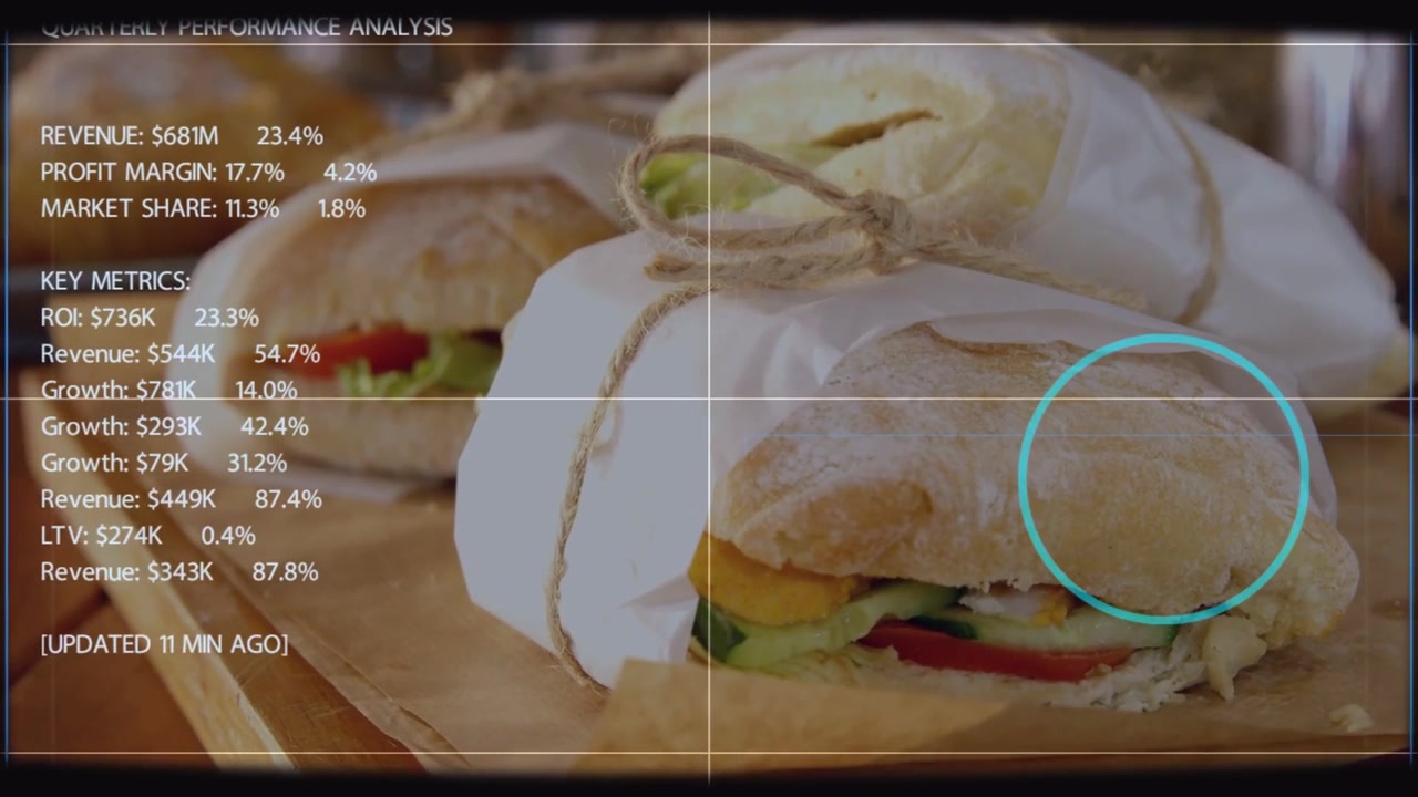 HUD animando sob comando sobre sanduíches, retículo ciano parado se ajustando em um pão, mostrando margens para padaria