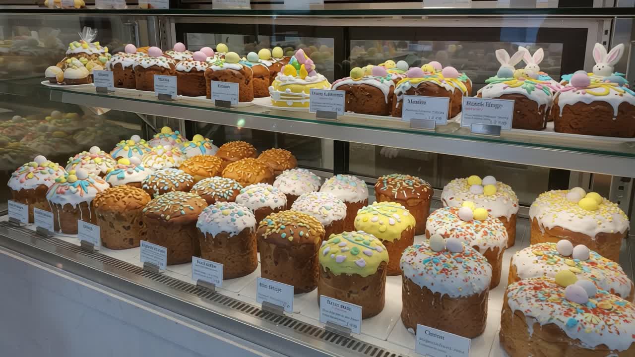 A Display of Colorful Festive Cakes with Icing and Decorative Topping Showcased in a Bakery, Highlighting Seasonal Celebrations and Sweet Treats