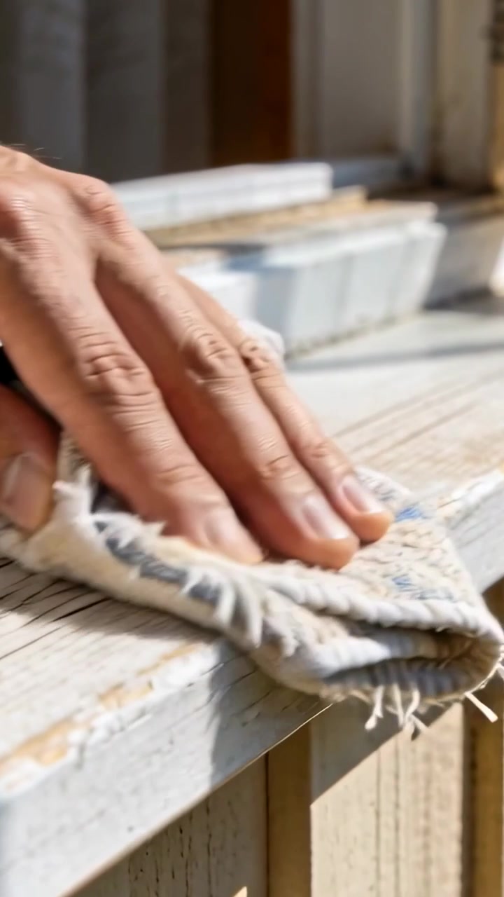 Video verticale: Mano che pulisce con movimenti trasversali uno straccio piegato su un davanzale illuminato dal sole, rimuovendo vernice.