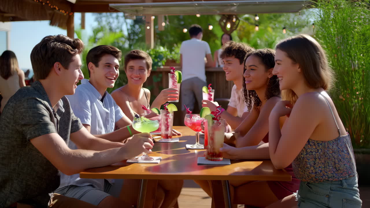 친구 들 이 술집 에서 테일을 즐기고 있다