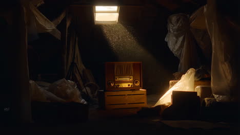 vintage radio bathed in a sunbeam in a dusty attic