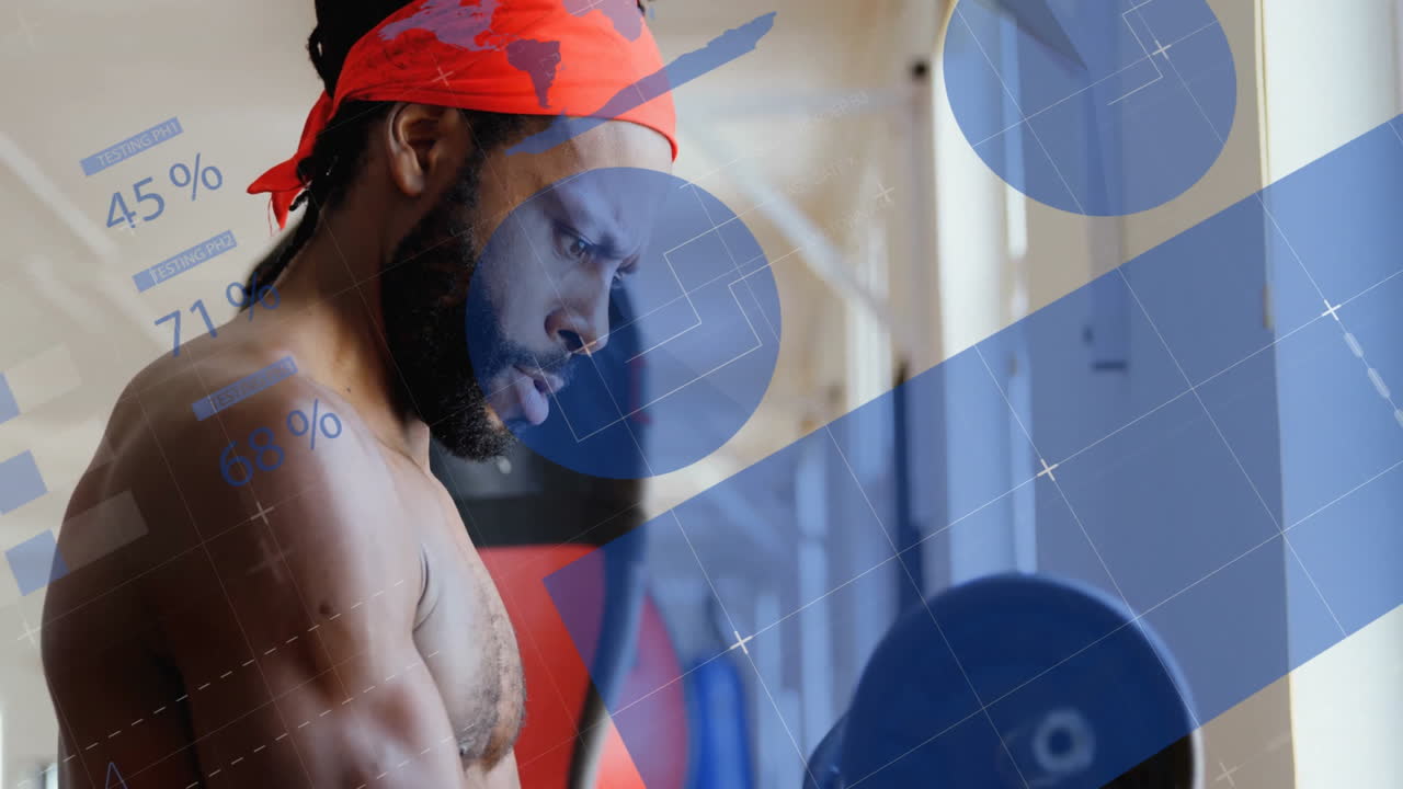 Man with red bandana throwing punches at punching bag in gym with graphics for fitness marketing
