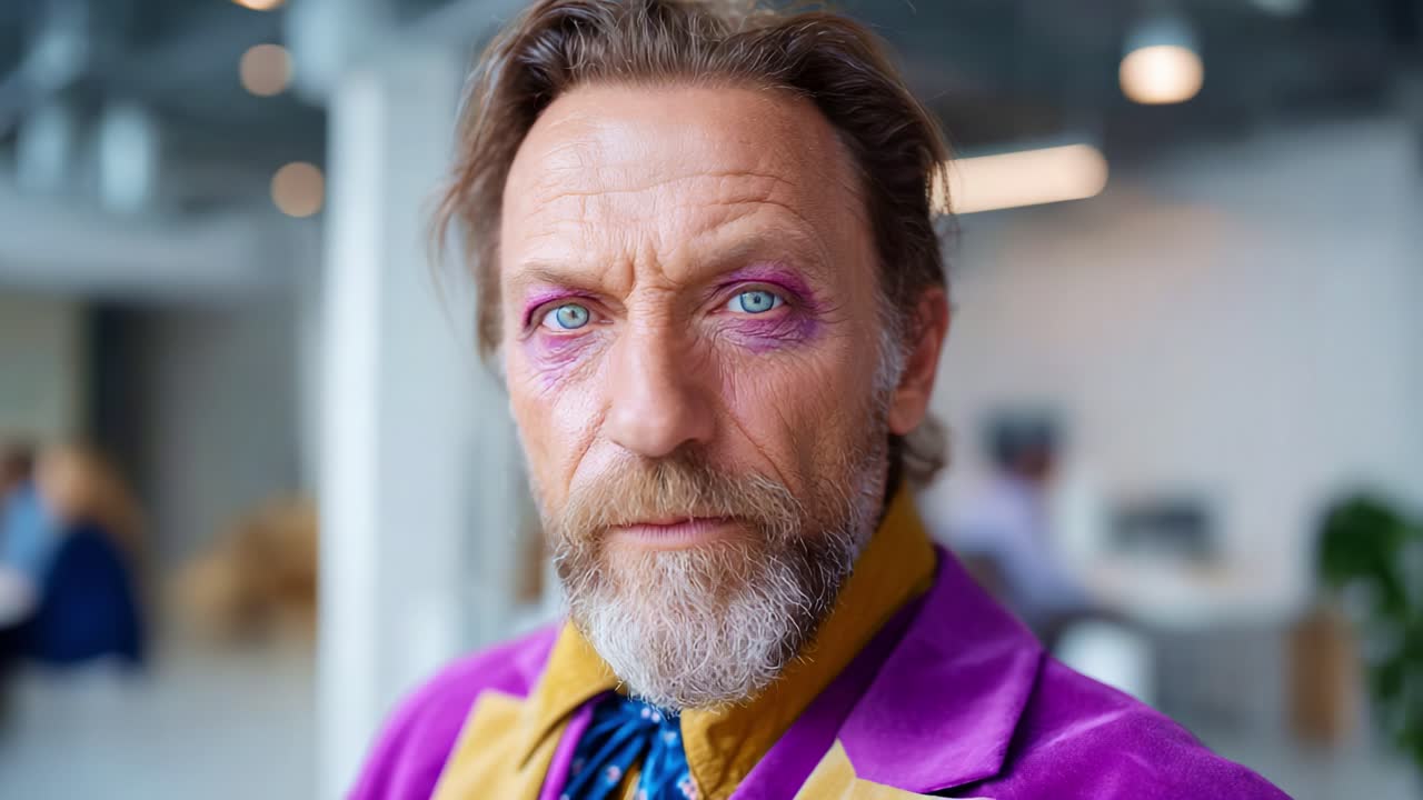 Un ritratto affascinante di un uomo carismatico con occhi blu sorprendenti e un trucco audace in un ambiente d'ufficio moderno, catturato in due inquadrature