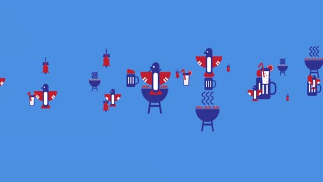 Animation-of-american-flags-and-independence-day-icons-moving-over-blue-background