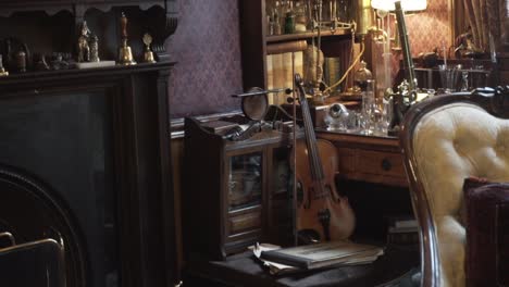 vintage study room with antique furniture and instruments