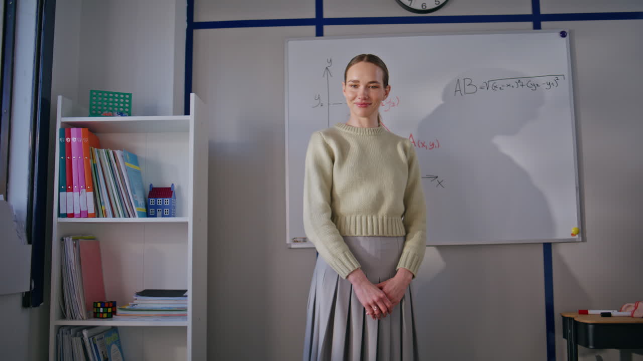 Talking teacher explaining math school. Woman educator recording online lesson