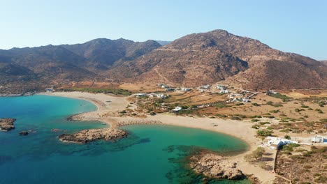 aerial drone view of magganari bay beach in ios island