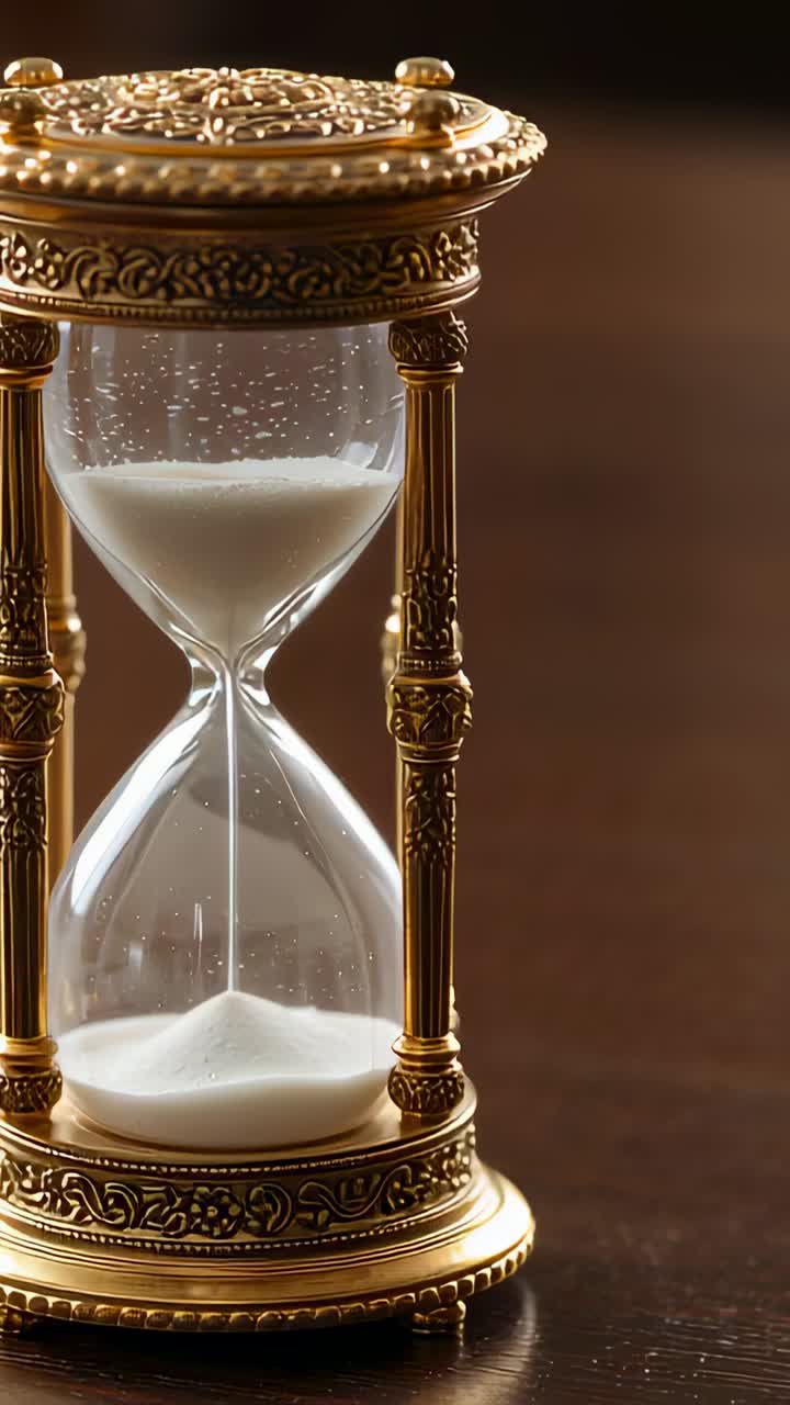 Vertical video: Gravity pulling white sand, gold hourglass sitting on wood table, marking time