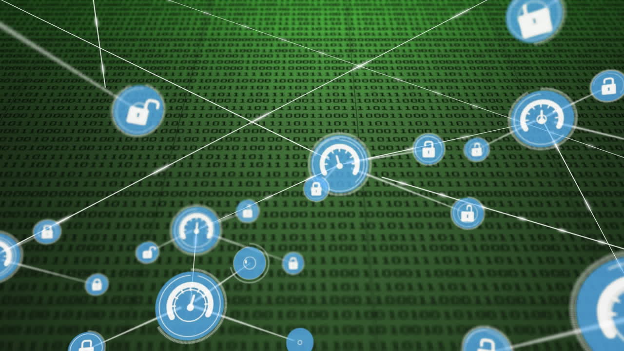 녹색 배경에 디지털 아이콘 네트워크와 바이너리 코딩의 애니메이션