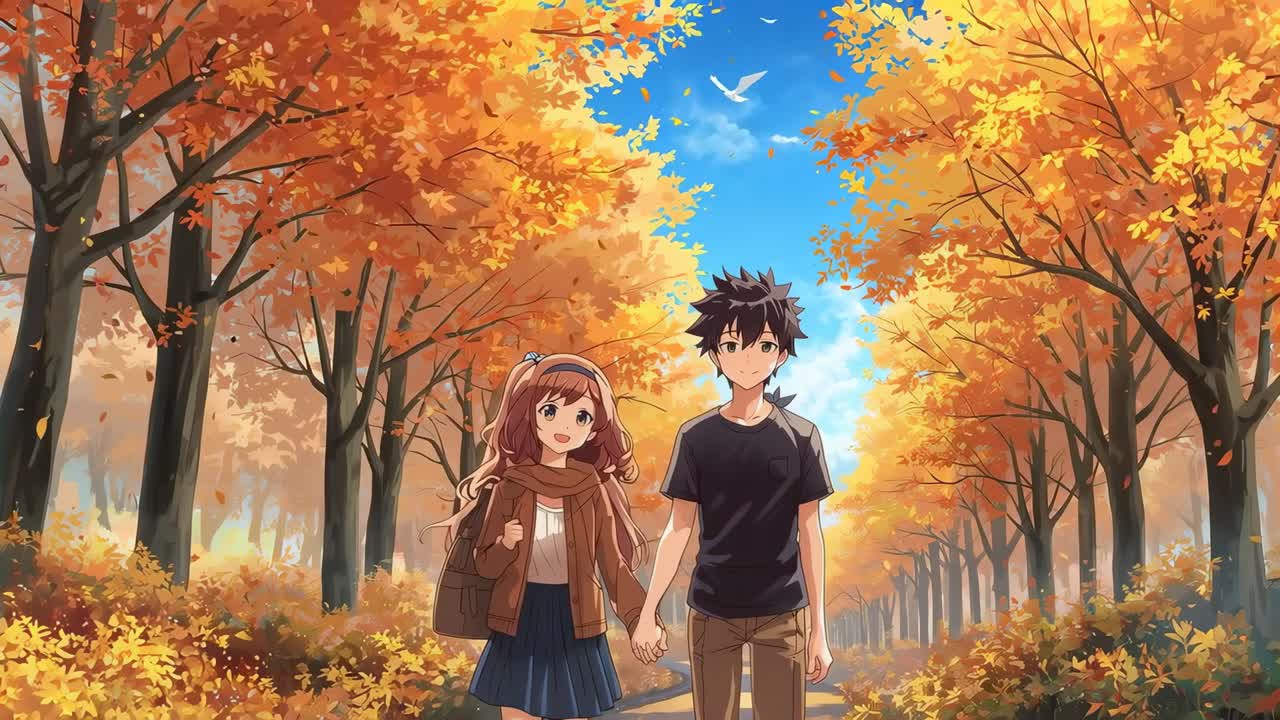 Adolescenti anime in movimento che si tengono per mano e camminano verso la telecamera diretti a scuola su un sentiero autunnale con una sciarpa