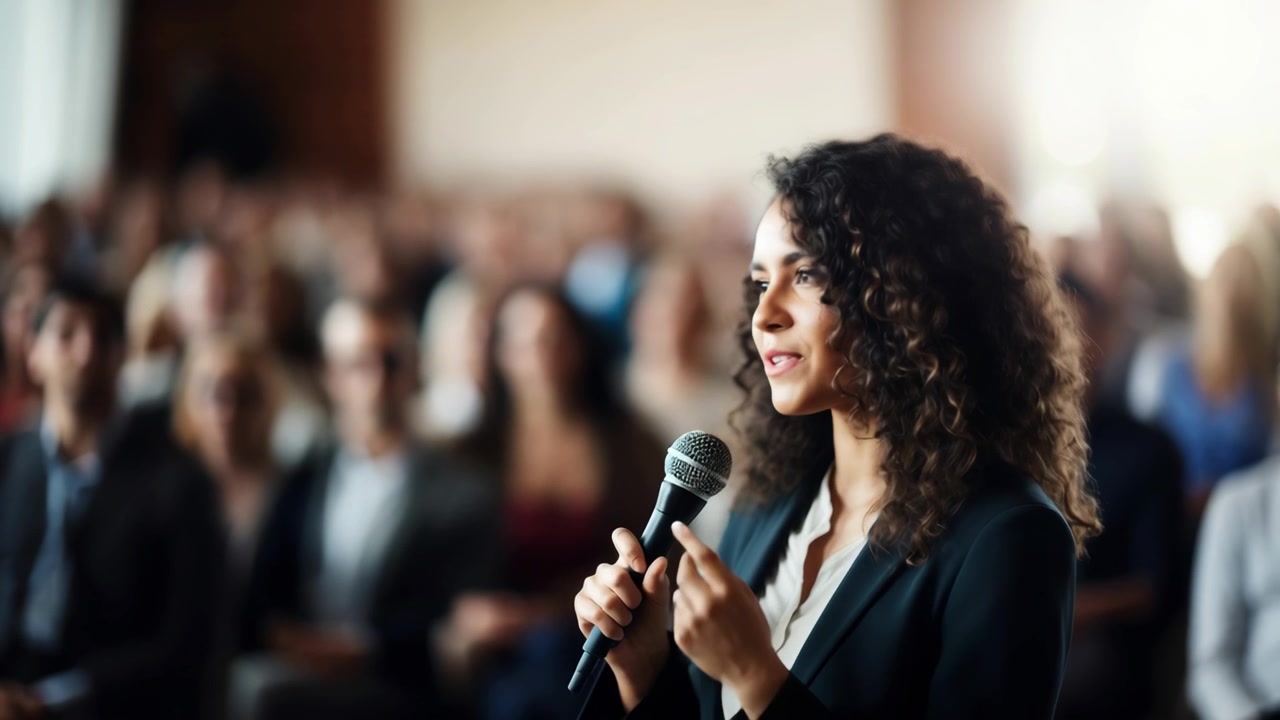 Relatrice sorridente che interagisce con il pubblico a una conferenza