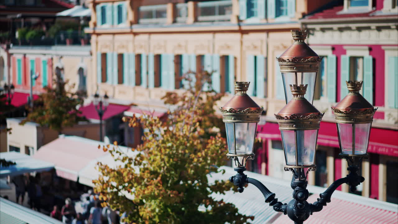 Close up of a street lamp with a blurry city view on the background