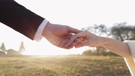 una pareja tomándose de la mano al atardecer.