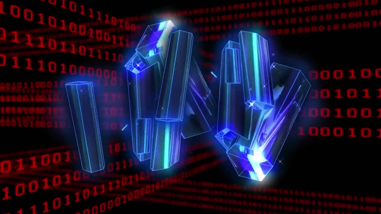 animación de bloques brillantes azules que giran sobre codificación binaria y procesamiento de datos