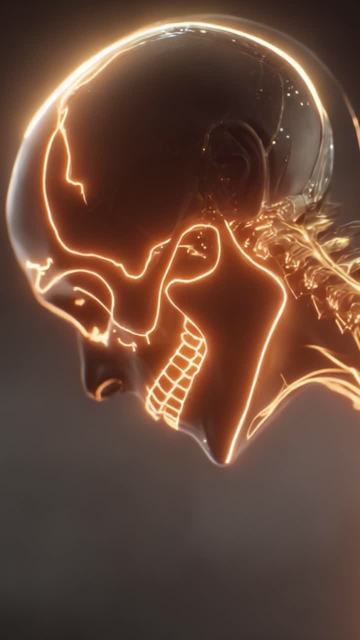 Una visualizzazione mozzafiato di un teschio luminescente: Esplora le caratteristiche luminescenti e le complessità dell'anatomia umana in una coinvolgente esposizione artistica.