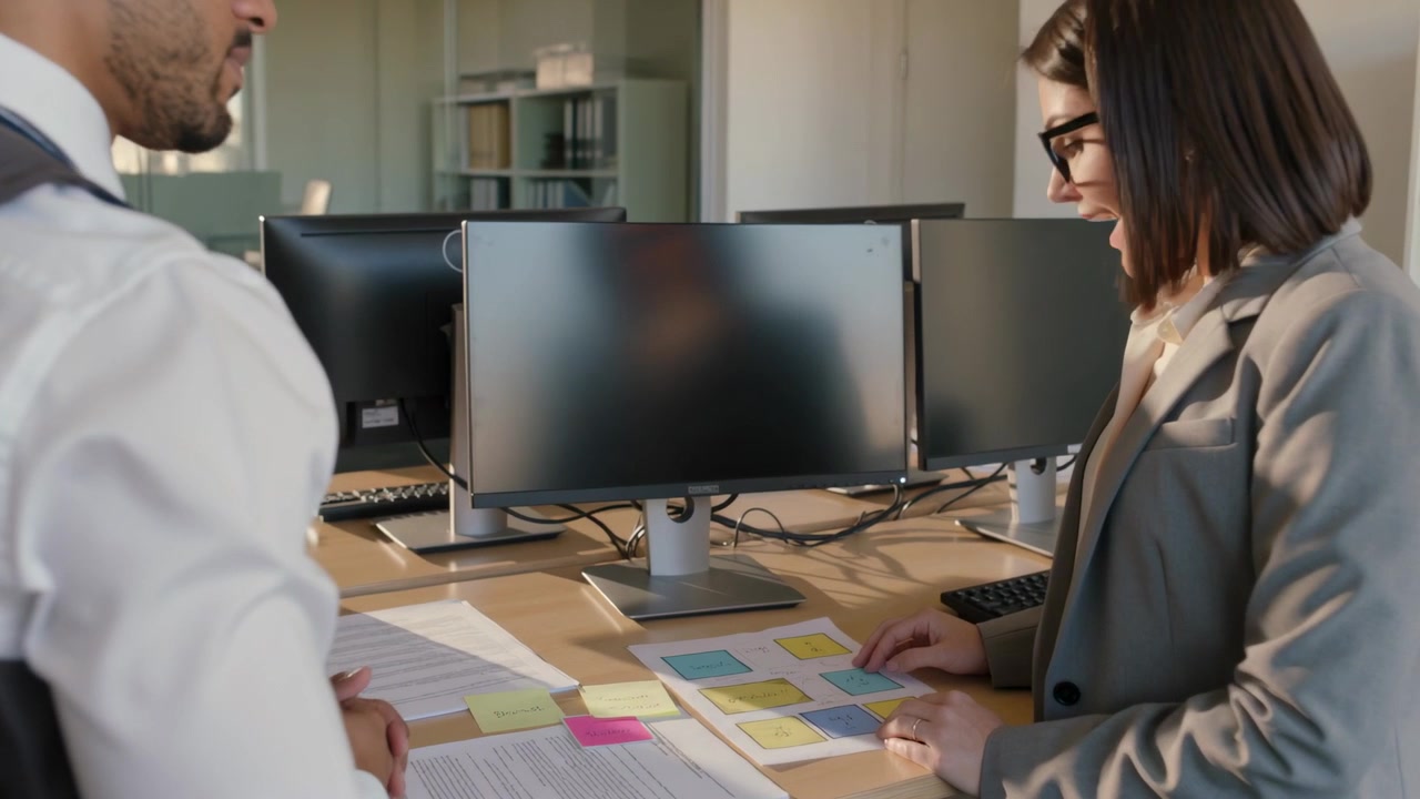 Pointing man in vest and tie leading woman in gray blazer rearranging sticky notes at workstation