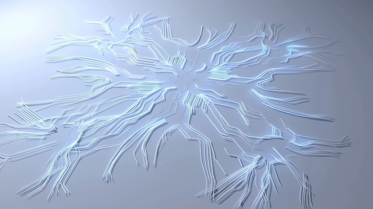 Composizione astratta minimale con una forma bianca ramificata e crepata centrata su una superficie grigio chiaro e morbida, con sottili riflessi blu e spazio negativo pulito.