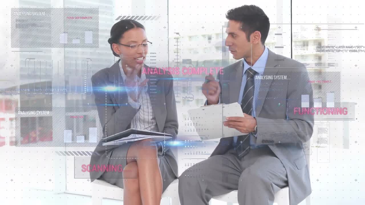 카우카스 비즈니스맨과 비즈니스맨이 문서를 논의하는 데이터 처리 애니메이션