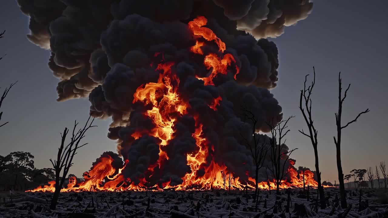 Dramatic video still of a massive smoke plume rising over a barren landscape