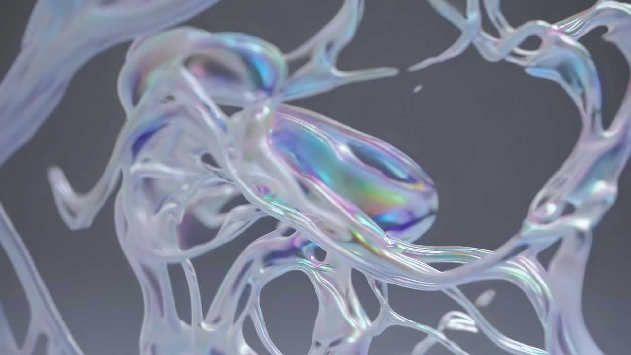 Abstract video of iridescent liquid shapes in close-up view, with a dynamic, flowing style