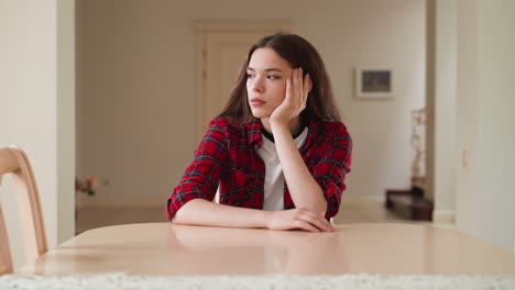 unhappy woman sits at dining table in apartment. young student thinks about lack of money for monthly rent in kitchen. difficult situation in life