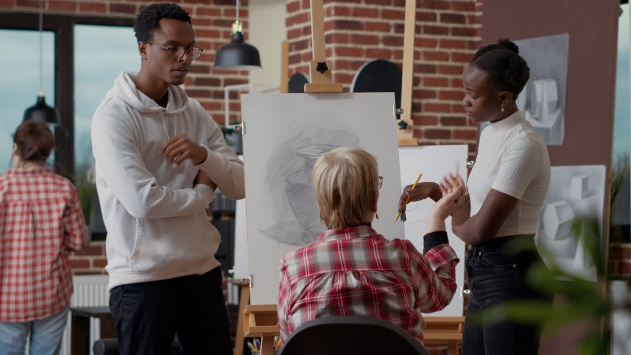 African american students guiding senior woman to draw inspiration model