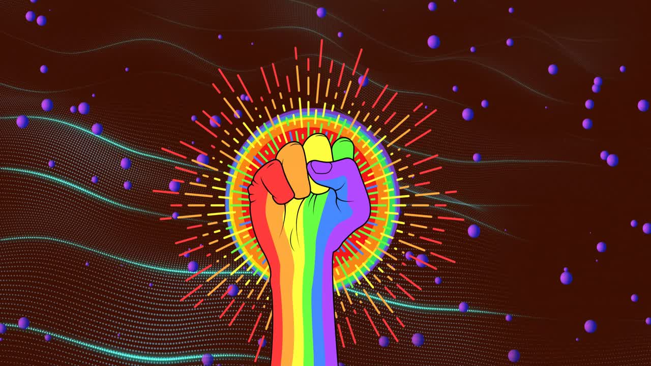 animación de líneas y círculos alrededor de la mano de lgbtqi haciendo puño sobre el patrón de onda dinámica en el fondo