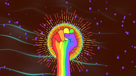 Animación-De-Líneas-Y-Círculos-Alrededor-De-La-Mano-Lgbtqi-Haciendo-Puño-Sobre-Un-Patrón-De-Onda-Dinámico-En-El-Fondo