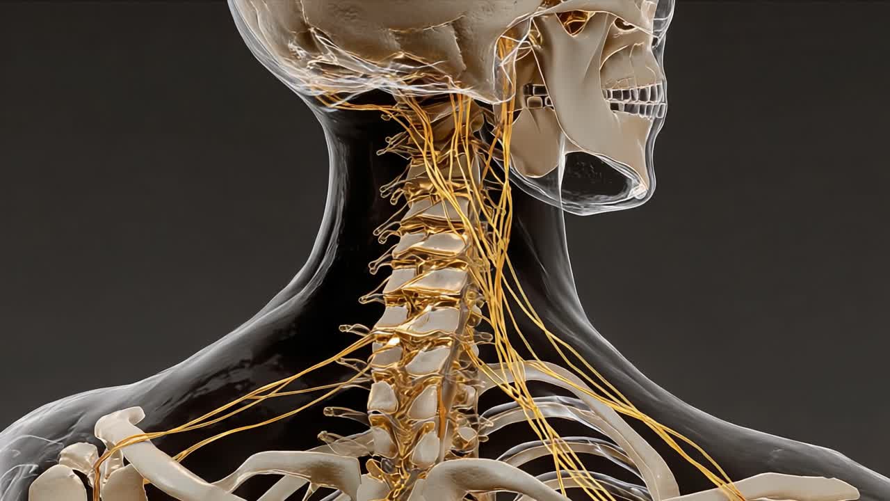 Visualizzazione dettagliata dei sistemi scheletrico e nervoso umani: Una panoramica anatomica della regione cervicale che evidenzia strutture e connessioni.