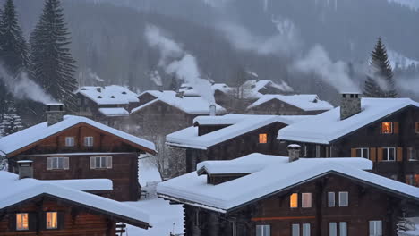 Snow-covered chalets in a mountain village with smoke rising from chimneys