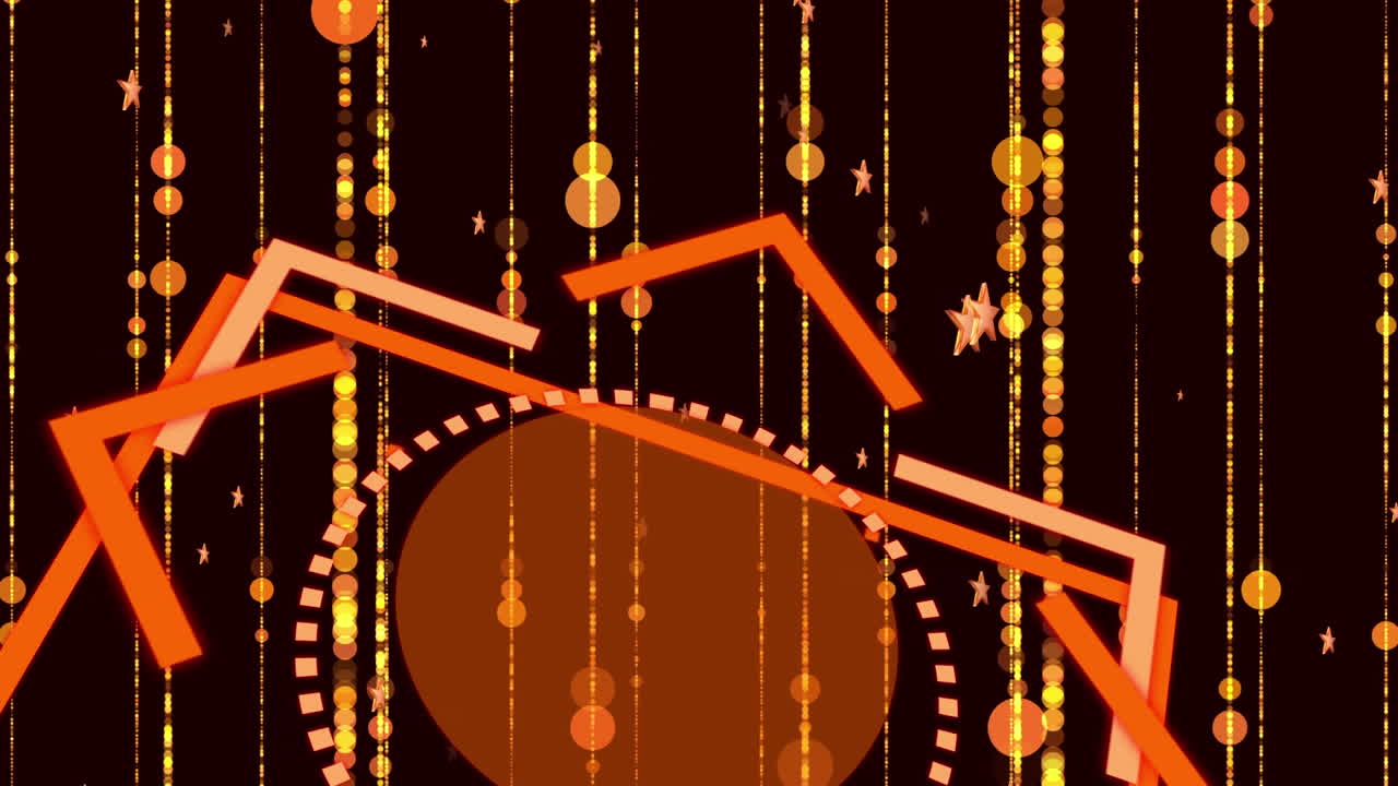 검은 바탕에 움직이는 오렌지색 빛나는 별과 사각형의 디지털로 생성된 비디오