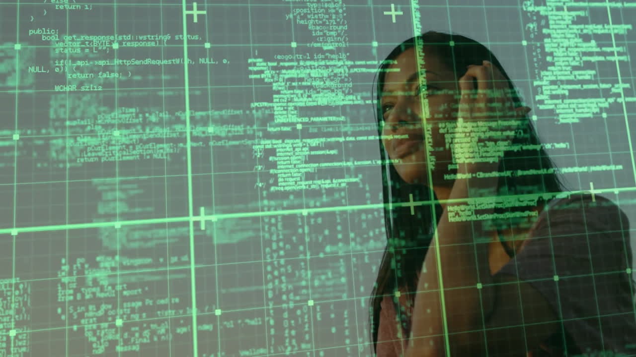 Interacting with animation of complex data, woman using digital interface in office