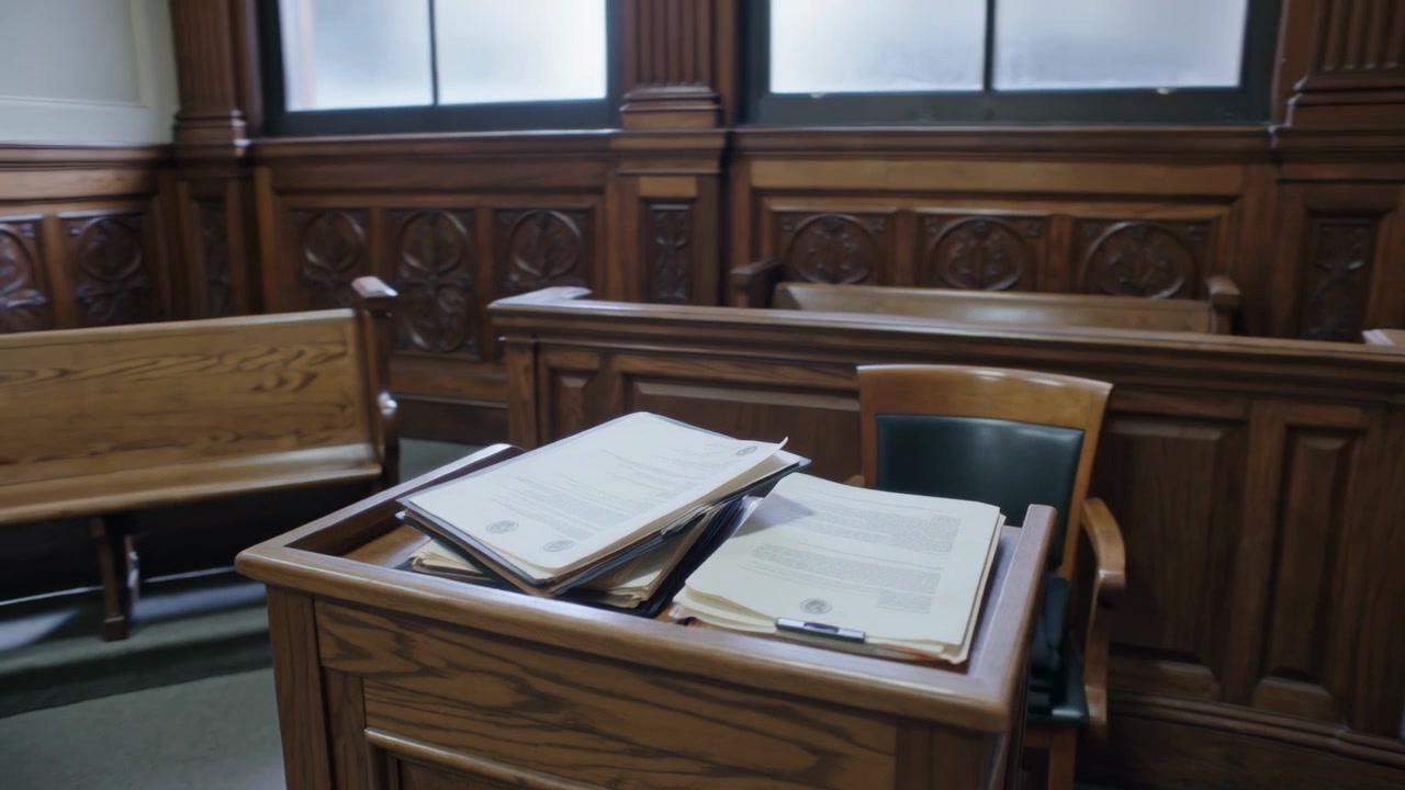 Telecamera che arretra rivelando un leggio di legno in un'aula di tribunale, mostrando cartelle spillate sul leggio.
