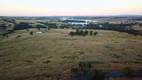 aerial view over landscape near the upper coliban reservoir, victoria, australia, january 2019